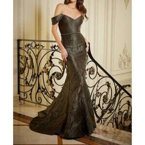 NEW MGNY detachable sleeve brocade dress in olive